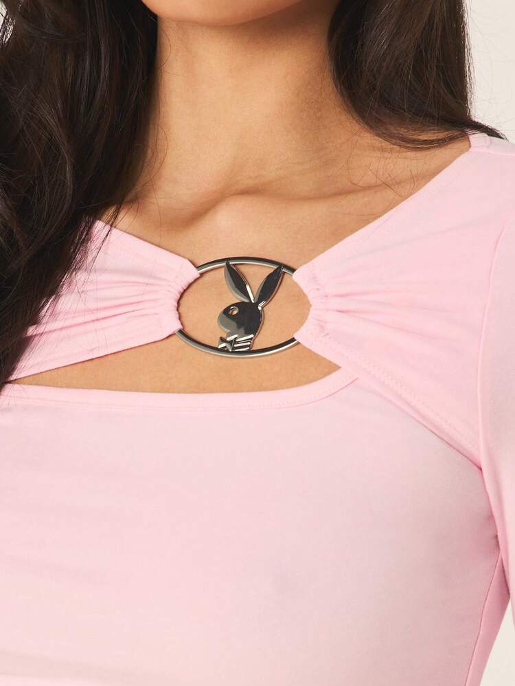 Missguided x Playboy Women's Ribbed Knit Long Sleeve Cut Out Neckline Top With Metal Ring Detail Pink Casual Fashion Basic
