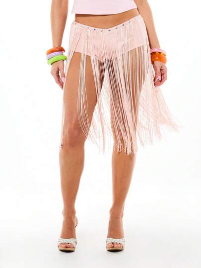 SUMWON WOMEN Women's Suede Fringe Studded Low Rise Hot Pants Festival Concert Party Booty Shorts