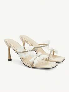 CUCCOO CHICEST Women's Elegant Butterfly Decor High Heel Slide Sandals Wedding Shoes Spring Shoes Bride Shoes - Apricot - View 2
