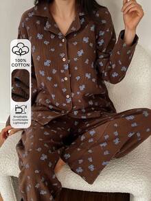 DAZY Floral Textured Chiffon Fabric Loose Women Pajama Set - Brown - View 4