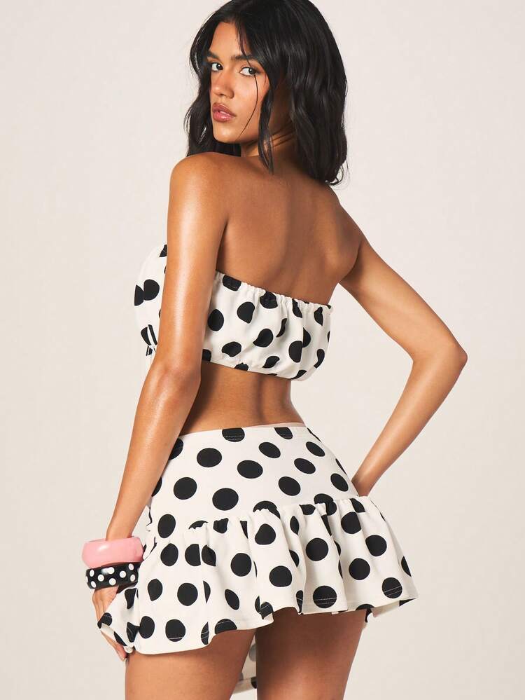MISSGUIDED Polka Dot Ruched Bandeau Top With Wrap Frill Hem Mini Skirt Two Piece Co Ord Set Summer Strapless Outfit