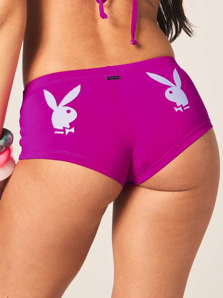 Missguided x Playboy Set di bikini da donna con top a triangolo e slip a vita alta, con stampa del logo del coniglietto bianco, costume da bagno estivo a due pezzi