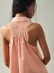 SoleilVie 女士条纹无袖不对称荷叶边下摆优雅短裙 - 橘色 - 查看 3