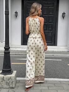 Pariaura 优雅露背吊带背心搭配阔腿直筒裤印花套装，女士夏季 - 杏色 - 查看 2