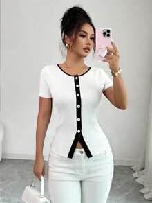 GlowEve Women's Casual Contrast Trim Button Front T-Shirt, Summer - Black and White - View 4