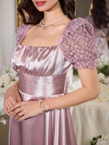 Modelyn 女士纯色简约日常穿搭方领短袖连衣裙 - 粉色 - 查看 2