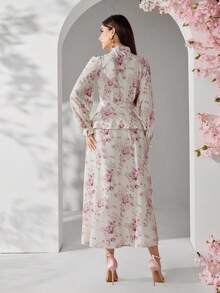 Modelyn 女士花卉印花前扣腰带长袖上衣和半裙两件套，优雅女装 - 彩色 - 查看 8