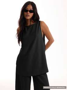 MUSERA Sleeveless Long Line Linen Feel Top Vacation For Vacation Oversized Tee Holiday Beach Going Out Tops Wedding Guest Party Spring Summer - Black - View 1