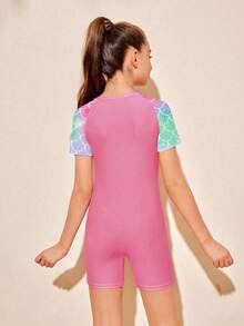 SHEIN 青少年女孩海滩度假印花连体泳衣 - 粉色 - 查看 2