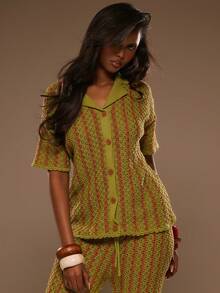 MUSERA Striped Crochet Boxy Fit Short Sleeve Shirt Spring Summer Vacation Beach Elegant Ibiza Festival Holiday Tajine - Multicolor - View 1