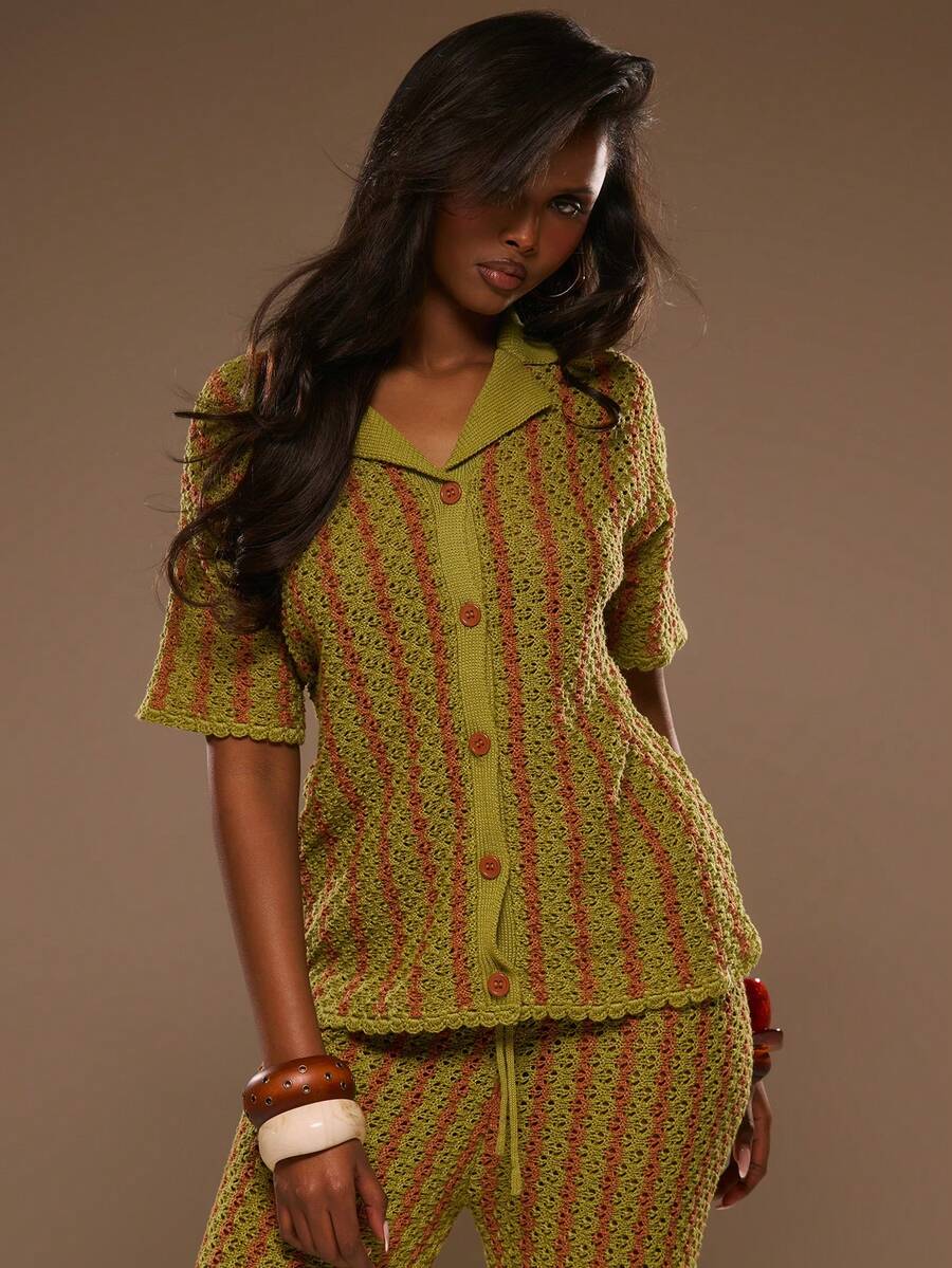 MUSERA Striped Crochet Boxy Fit Short Sleeve Shirt Spring Summer Vacation Beach Elegant Ibiza Festival Holiday Tajine - Multicolor - View 1