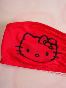 HELLO KITTY AND FRIENDS | SHEIN 女士时尚可爱猫咪印花前褶皱无肩带文胸 - 紅色 - 查看 8