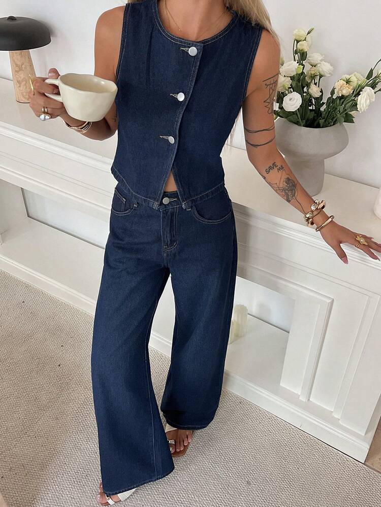 Women's Round Neck Single-Breasted Vest And Pants Casual Denim Suit Summer