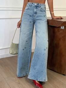Quần jeans nữ dáng suông rộng, cạp thường, đính đá lấp lánh, kiểu dáng thường ngày. - Rửa trung bình - Xem 7