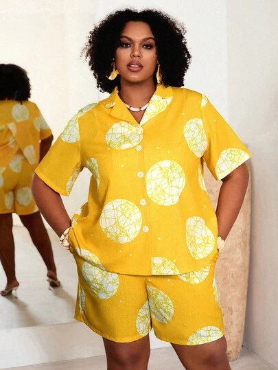 EMERY ROSE Plus Size Graphic Print Button Front Short Sleeve Top And Shorts Casual 2 Pieces Set  Summer Outfits Summer Clothes Spring Dress Spring Outfit Women Spring Clothing Beach Vacation Outfits For Women Vacation Dress Bohemian  Polka Dot 2 Pieces Set Summer Holiday Outfits  Women's Summer Two-Piece Sets