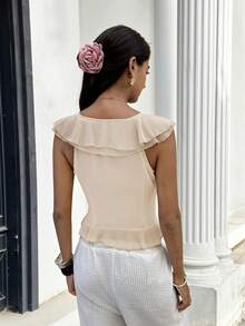 SHEIN Frenchy 女士纯色荷叶边系带时尚衬衫，法式V领荷叶边系带雪纺上衣，修身无袖露脐上衣，飘逸雪纺面料，夏季假日、度假、优雅、伴娘上衣、派对荷叶边上衣 - 杏色 - 查看 2