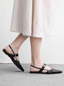 CUCCOO BIZCHIC 女士尖头黑色漆皮百搭通勤鞋，简约单带无后跟平底鞋 - 黑色 - 查看 3