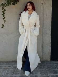 Bearsaez Damen einfarbiger flauschiger Mantel mit Schalkragen, Langarm, elegant, Wollmischung, Vintage Mantel für Winter und Herbst, Damenkleidung für Halloween, Konzertoutfits im Winter, Damenkleidung im Winter, Pelzmantel, stilvoller und warmer Mantel, geeignet für Partys und Ausflüge - Aprikosenfarben - Übersicht 1