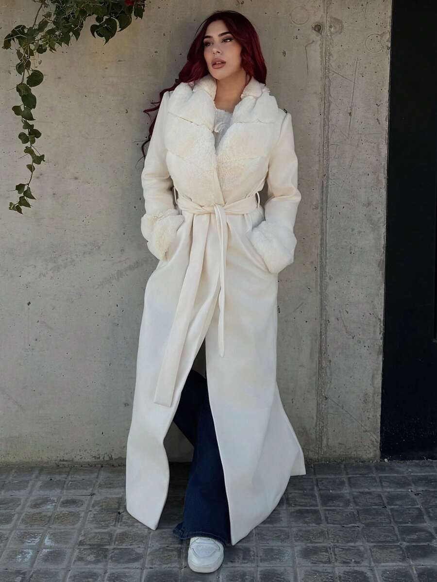 Bearsaez Damen einfarbiger flauschiger Mantel mit Schalkragen, Langarm, elegant, Wollmischung, Vintage Mantel für Winter und Herbst, Damenkleidung für Halloween, Konzertoutfits im Winter, Damenkleidung im Winter, Pelzmantel, stilvoller und warmer Mantel, geeignet für Partys und Ausflüge - Aprikosenfarben - Übersicht 1