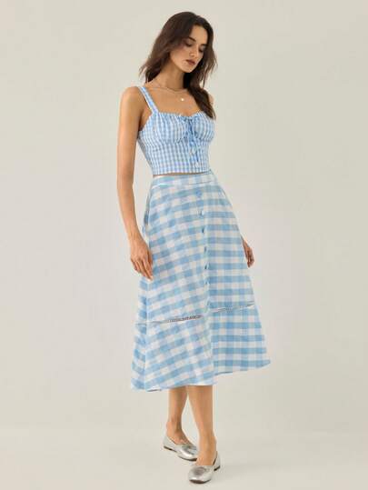Almamuse Damen Frühling/Sommer Französisch romantisches elegantes Gingham Blau & Weiß figurbetontes Camisole und A-Linien Rock 2-teiliges Set