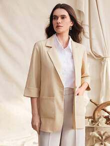 Zovinel Women's Casual Linen Blend Loose 3/4 Sleeve Big Pocket Single-Breasted Blazer - Apricot - View 4