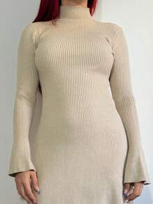 Bearsaez 冬季女高领毛衣裙保暖针织打底裙喇叭袖A字裙修身显瘦毛衣裙长袖连衣裙连衣裙 - 杏色 - 查看 4