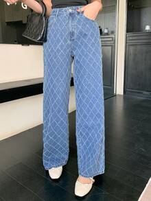 Joudiya 女式休闲日常百搭直筒纽扣牛仔裤 - 藍色 - 查看 4