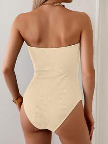 Swim Vcay Women's Elegant Apricot Textured Strapless One-Piece Swimsuit With Starfish Detail & Cutout,Cute Summer Beach Holiday Bathing Suits Beachwear Outfit - Apricot - View 2