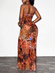 Glyssa 女士夏季新款性感透视沙滩度假连衣裙，网纱豹纹荷叶边下摆，吊带修身高开衩连衣裙 - 紅色 - 查看 2