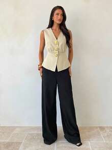 Aloruh 女士优雅纯色休闲商务单排扣深V领薄款背心 - 卡其色 - 查看 7