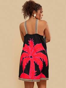Travachic Plus Size Tropical Print Backless Halter Dress, Casual Holiday Style, For Summer,Beach Dress Sundress,Holiday Outfits, Summer Dresses - Multicolor - View 2