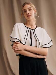 Anewsta 春季精致宝塔设计荷叶边下摆层叠喇叭袖女式衬衫 - 白色 - 查看 5