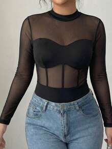 Elenzga Plus Size Women Spring/Summer Long Sleeve Mesh Patchwork Sheer Bodysuit - Black - View 4