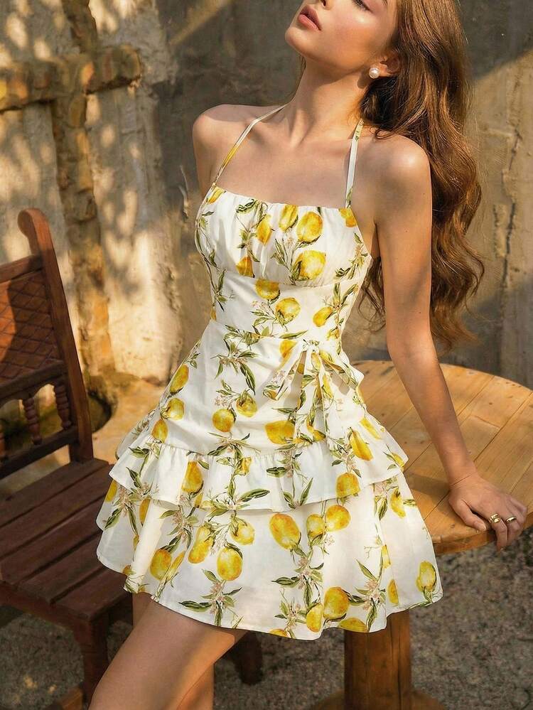 Skyraze Lemon Print White Summer Dress For Women,Tropical Holiday Tea Party Dress,Vacation Ruffle Trim Backless Ruched Bust Layered Halter Short Graduation