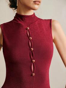 SHEIN LUNE Casual Women's Regular Length Sleeveless Top Featuring Stand Collar And Gold Button Front Tops For Women Elegant Classy High Neck Tops For Women - Red - View 1