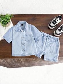Conjunto informal y minimalista de niño pequeño en denim lavado azul claro - Azul - Ver 3