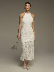 COSMINA Women's Long Dress, Round Neck Sleeveless Ladies Dress, Embroidered Fabric, Lace Patchwork, Wedding Guest Dress, Wedding Dress, White Ladies Dress, Elegant Women's Dress, Summer Dress, Date Dress, Party Dress - White - View 1