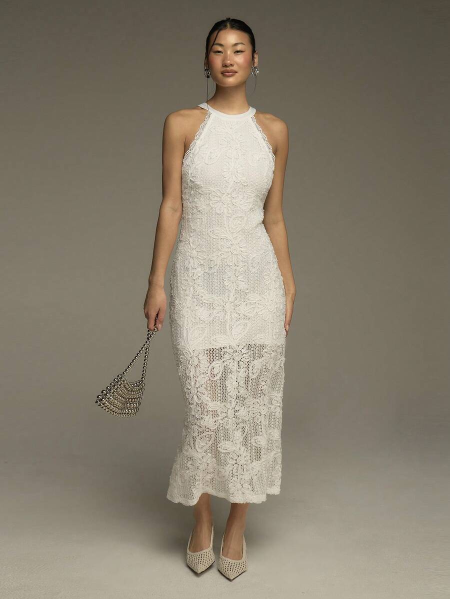 COSMINA Women's Long Dress, Round Neck Sleeveless Ladies Dress, Embroidered Fabric, Lace Patchwork, Wedding Guest Dress, Wedding Dress, White Ladies Dress, Elegant Women's Dress, Summer Dress, Date Dress, Party Dress - White - View 1