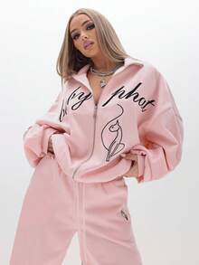 BABYPHAT Plus Size Oversized Pink Zip Up Hoodie With Script And Heart Print Full Zip Long Sleeve Comfort - Pink - View 8