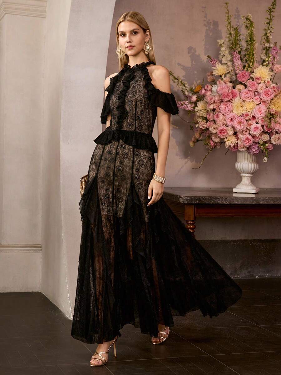 MOTF Soiréza 女士浪漫优雅蕾丝荷叶边连衣裙，适合婚礼季、春夏穿着 - 黑色 - 查看 1