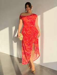 Firerie Vestido de verano elegante de talla grande con estampado floral y cuello asimétrico con abertura - Multicolor - Ver 7
