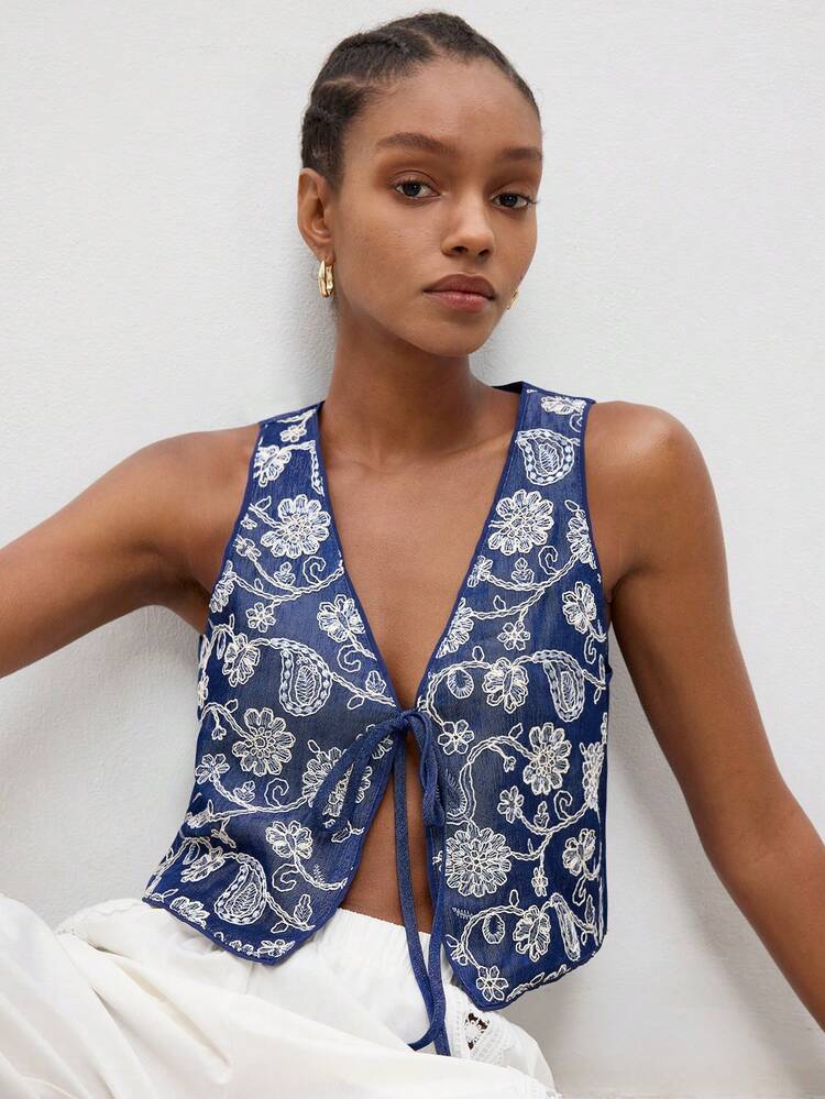 SHEIN Maija Women's Casual Tie Front Cashew Print Blouse,Navy Blue Floral Summer Boho Picnic Holiday Outfits,Elegant Versatile Daily Wear Party Beach Vacation Top