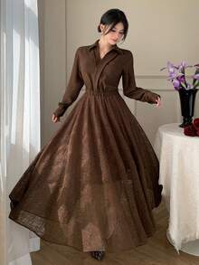 DAZY Đầm dài tay, màu trơn, phối ren, kiểu dáng thanh lịch, dài đến đầu gối, thích hợp cho mùa hè, dành cho nữ. - Cà phê nâu - Xem 7