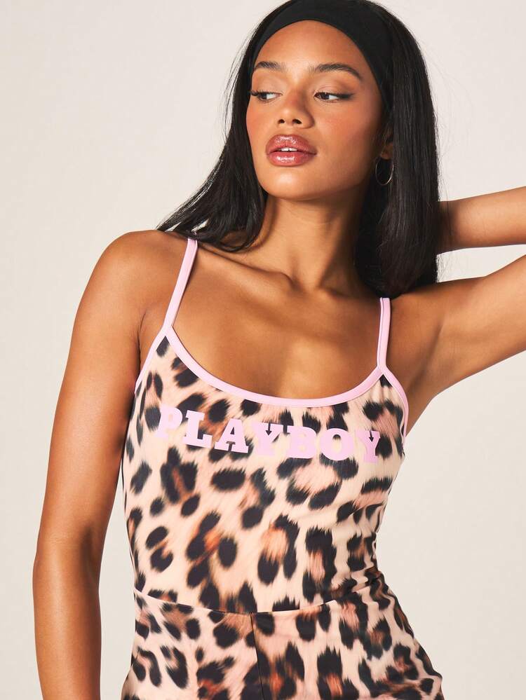 Missguided x Playboy Women's Leopard Print Unitard With Contrast Pink Binding And Logo Shorts Romper One Piece Sleeveless Summer Jumpsuit