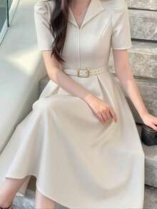 Modelyn New Korean Style Waist Gathered A-Line Dress, Wrinkle Texture Fabric, Elegant And Slimming - Apricot - View 3