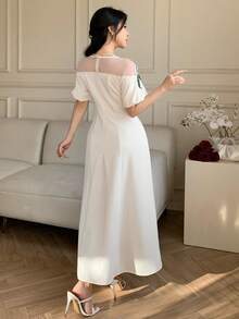 Spring & Summer White Dress, Elegant For Valentine's Day, Wedding, Party, Banquet, Fashion Event. Waist-Cinched Fit, Ruffle Hem, Bell Sleeves, Color Block Floral Print Long Dress For Women - Beige - View 2