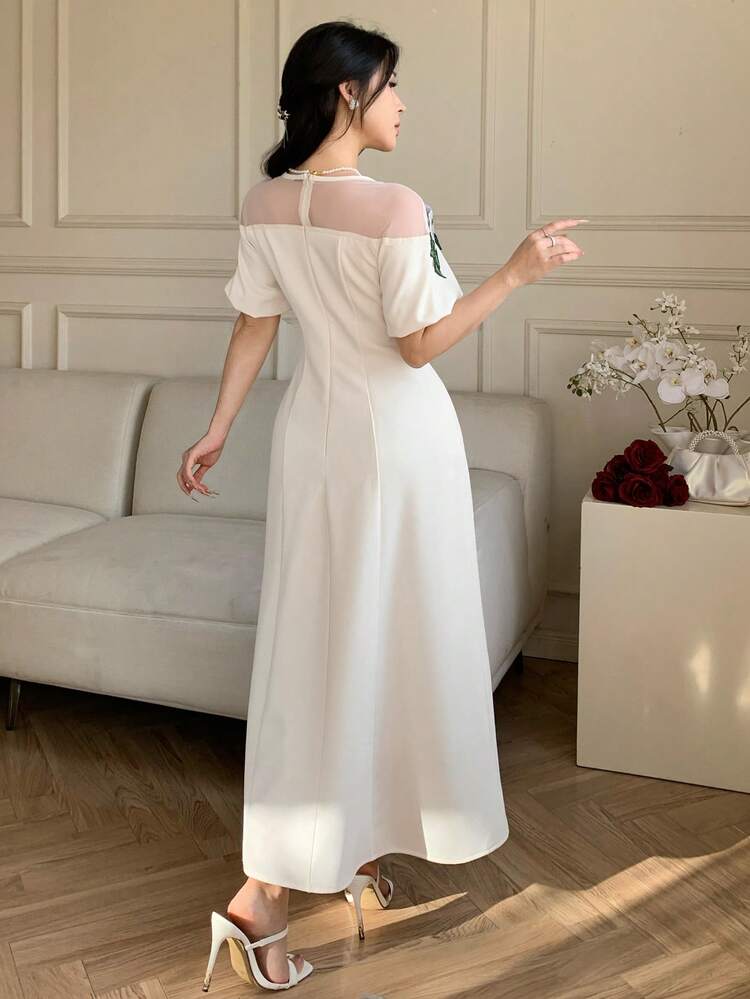 Spring & Summer White Dress, Elegant For Valentine's Day, Wedding, Party, Banquet, Fashion Event. Waist-Cinched Fit, Ruffle Hem, Bell Sleeves, Color Block Floral Print Long Dress For Women