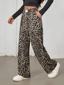 SHEIN PETITE 2 chiếc quần ống rộng nữ màu đen và họa tiết da báo mới. - Nhiều màu - Xem 9