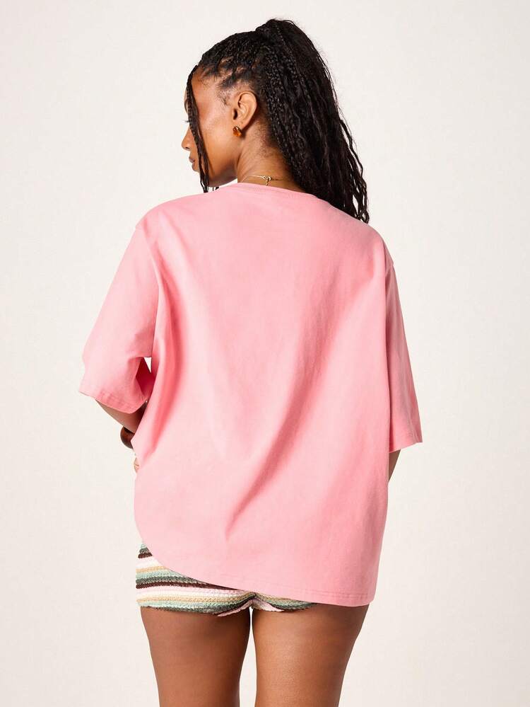 MISSGUIDED Smells Like Summer Statement Oversized Pink Short Sleeve Crew Neck Cotton T-Shirt Casual Summer Vacation Beach Leisure Tee