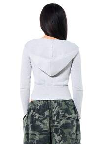 SUMWON WOMEN 女士连帽罗纹开衫休闲毛衣，纽扣前襟长袖针织打底衫 - 灰色 - 查看 2